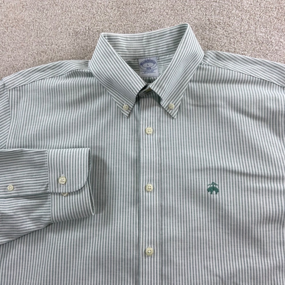 Brooks Brothers Button Down Shirt Mens L Green White Striped Non-Iron Stretch